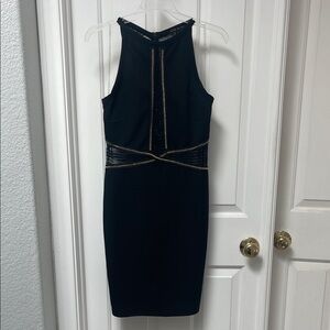 Black Sleeveless Bodycon Dress with Gold Trim